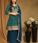 Heavy Zari Work Aqua Blue Colour Partywear Sharara Dress