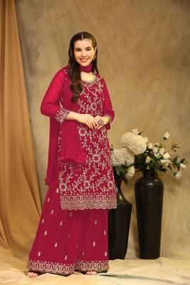 Beautiful Embroidered Palazzo Dress In Girlish Maroon Colour For Rich Looks 1