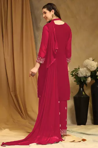 Beautiful Embroidered Palazzo Dress In Girlish Maroon Colour For Rich Looks
