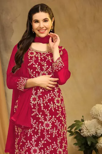 Beautiful Embroidered Palazzo Dress In Girlish Maroon Colour For Rich Looks