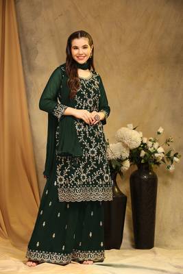 Beautiful Embroidered Palazzo Dress In Girlish Green Colour For Rich Looks 1