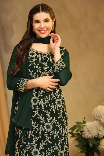 Beautiful Embroidered Palazzo Dress In Girlish Green Colour For Rich Looks