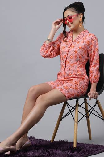 Anushil cotton short length jumpsuit for girls,v-neck with button style,floral print cotton dress