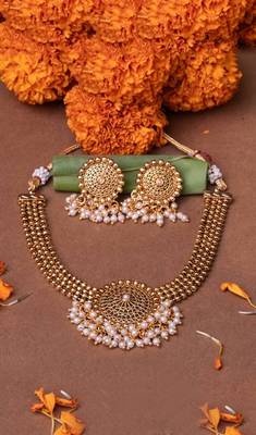 Gold-Plated Pearl Studded Choker Jewellery Set For Women 1