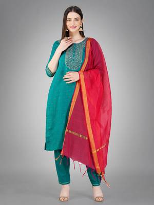 Textile cloth women's rama color cotton with embroidery & sequence work kurta pant with dupatta set 1