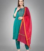 Textile cloth women's rama color cotton with embroidery & sequence work kurta pant with dupatta set
