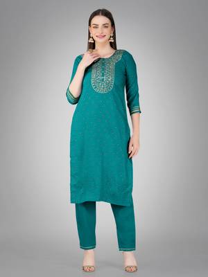 Textile cloth women's rama color cotton with embroidery & sequence work kurta pant with dupatta set 2