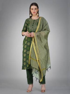 Textile cloth women's dark green color cotton with embroidery & sequence work kurta pant with dupatta set 1