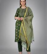 Textile cloth women's dark green color cotton with embroidery & sequence work kurta pant with dupatta set