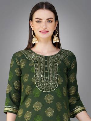 Textile cloth women's dark green color cotton with embroidery & sequence work kurta pant with dupatta set 3