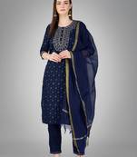 Textile cloth women's navy blue color cotton with embroidery & sequence work kurta pant with dupatta set