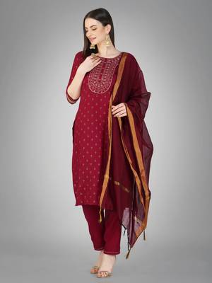 Textile cloth women's maroon color cotton with embroidery & sequence work kurta pant with dupatta set 1