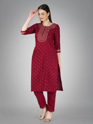 Textile cloth women's maroon color cotton with embroidery & sequence work kurta pant with dupatta set 2