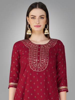 Textile cloth women's maroon color cotton with embroidery & sequence work kurta pant with dupatta set 3