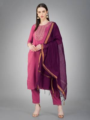 Textile cloth women's wine color cotton with embroidery & sequence work kurta pant with dupatta set 1