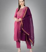 Textile cloth women's wine color cotton with embroidery & sequence work kurta pant with dupatta set