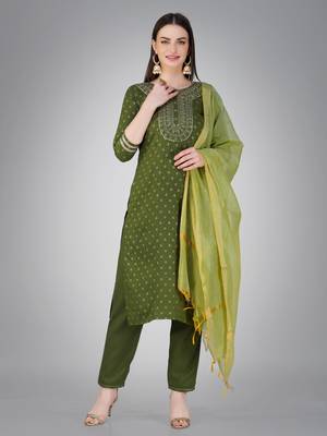 Textile cloth women's mehendi color cotton with embroidery & sequence work kurta pant with dupatta set 1