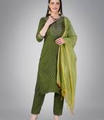 Textile cloth women's mehendi color cotton with embroidery & sequence work kurta pant with dupatta set