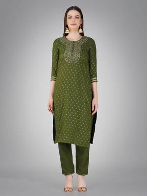 Textile cloth women's mehendi color cotton with embroidery & sequence work kurta pant with dupatta set 2