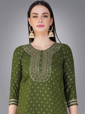 Textile cloth women's mehendi color cotton with embroidery & sequence work kurta pant with dupatta set 3