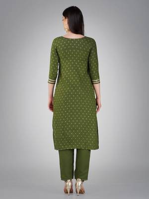 Textile cloth women's mehendi color cotton with embroidery & sequence work kurta pant with dupatta set 4