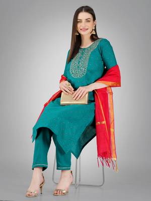 Textile cloth women's rama color cotton with embroidery & sequence work kurta pant with dupatta set 5
