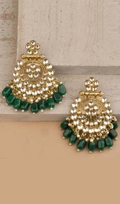 Embellished Gold Chandbalis with Green Kundan Drops 1