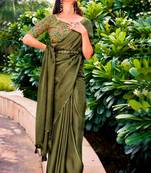 Beautiful Mehndi Colour Rich Looking Partywear Saree With Designer Blouse