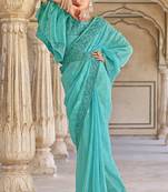 Turquoise Designer Heavy Partywear Ethnic Saree For Classy Looks