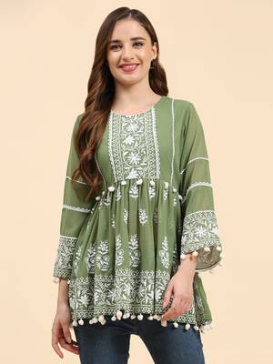 Beautiful Green Colour Resham Work Short Fancy Kurti 1