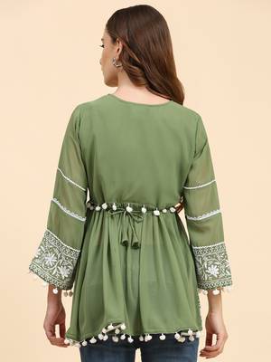 Beautiful Green Colour Resham Work Short Fancy Kurti 2