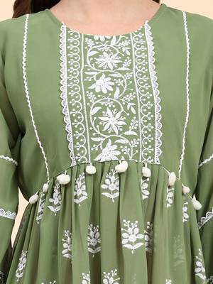Beautiful Green Colour Resham Work Short Fancy Kurti 3