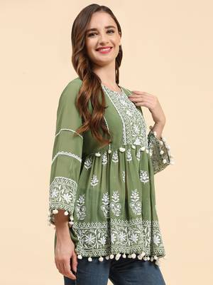 Beautiful Green Colour Resham Work Short Fancy Kurti 4