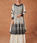 White premium silk thread embroidred with sequince work salwar kameez(free xl size full stitch)