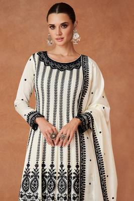 White premium silk thread embroidred with sequince work salwar kameez(free xl size full stitch) 2