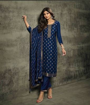 Blue Colour Bollywood Style Woven Embroidered Dress For Party 1