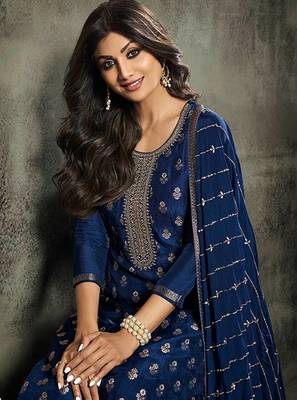 Blue Colour Bollywood Style Woven Embroidered Dress For Party 2