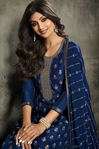 Blue Colour Bollywood Style Woven Embroidered Dress For Party