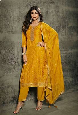 Yellow Colour Bollywood Style Woven Embroidered Dress For Party 1