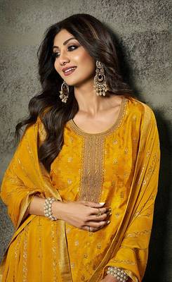 Yellow Colour Bollywood Style Woven Embroidered Dress For Party 2