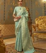 Mint Green Silk Blend Zari Border Weaving Design Saree With Blouse For Women 
