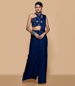 Blue embroidered brocade saree set