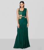 Emerald green pre drape saree with blouse