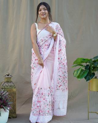 Baby Pink Colour Organza Saree With Smart Resham Embroidery Work 1