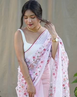Baby Pink Colour Organza Saree With Smart Resham Embroidery Work 2