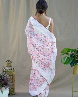 Baby Pink Colour Organza Saree With Smart Resham Embroidery Work 3