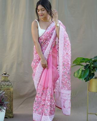 Pink Colour Organza Saree With Smart Resham Embroidery Work 1