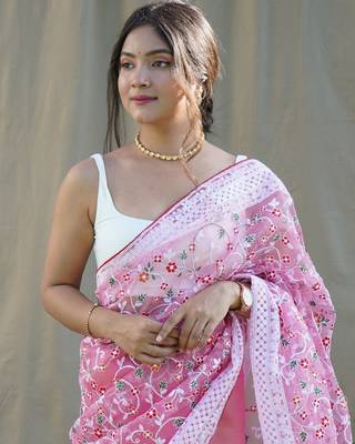 Pink Colour Organza Saree With Smart Resham Embroidery Work 2
