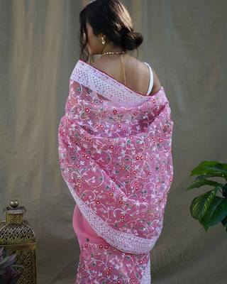 Pink Colour Organza Saree With Smart Resham Embroidery Work 3