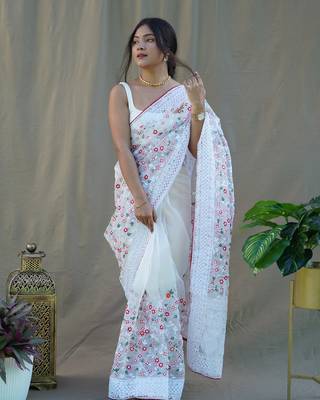White Colour Organza Saree With Smart Resham Embroidery Work 1